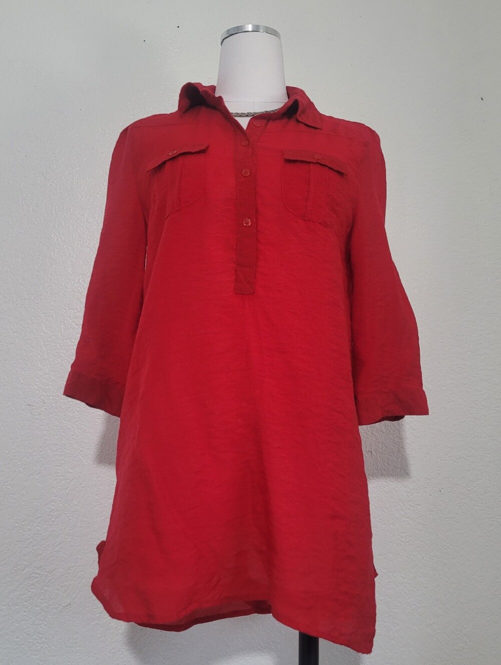 Cotton Express Red Viscose & Nylon Shirt Button Down Tunic Size Medium